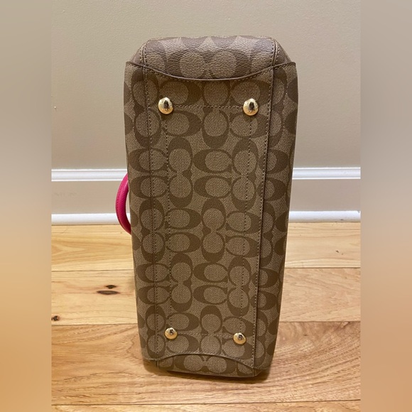 Coach Khaki Brown Hot Pink Signature Tote Bag Satchel Purse with Crossbody Strap - Picture 7 of 8